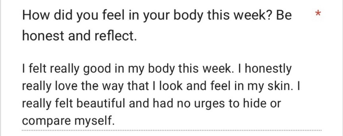 Client check-in about loving how she looks and feels